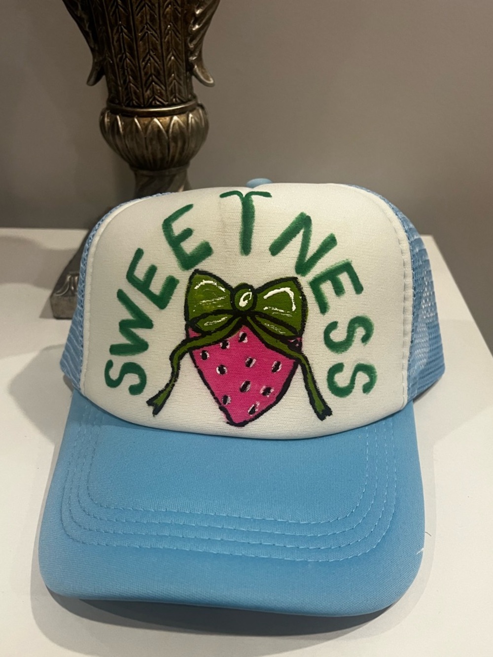 Hand Painted Blue Trucker Hat with Pink Strawberry "Sweetness"